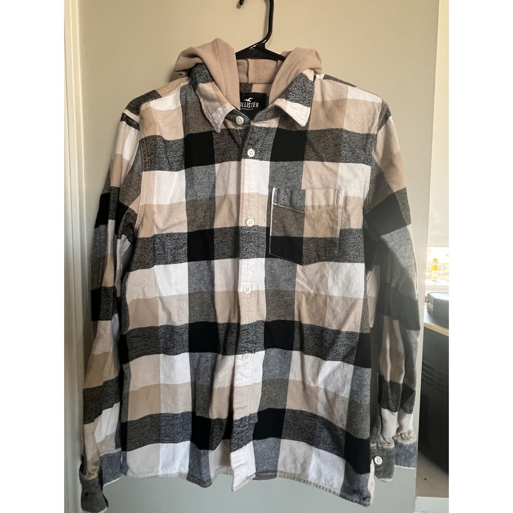Hollister Mens Flannel Hooded Shirt‎ Jacket Plaid Long Sleeve Size M Streetwear